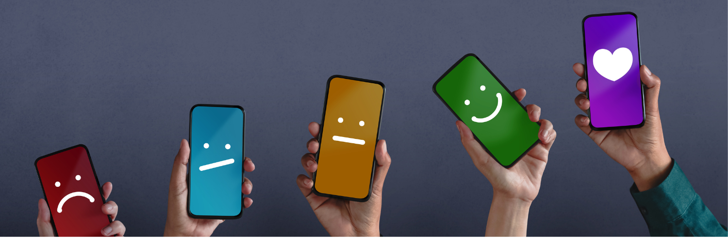 A group of five people holds their phones, each reflecting different emotions