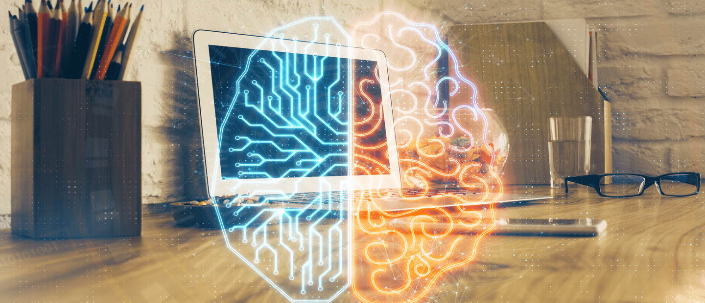An AI brain illustration above a desk featuring a laptop, pencils, and glasses,