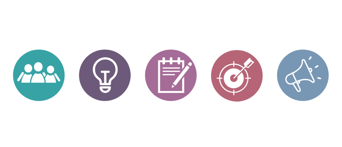 five graphics with people, light bulb, notebook, dart on a target and megaphone.