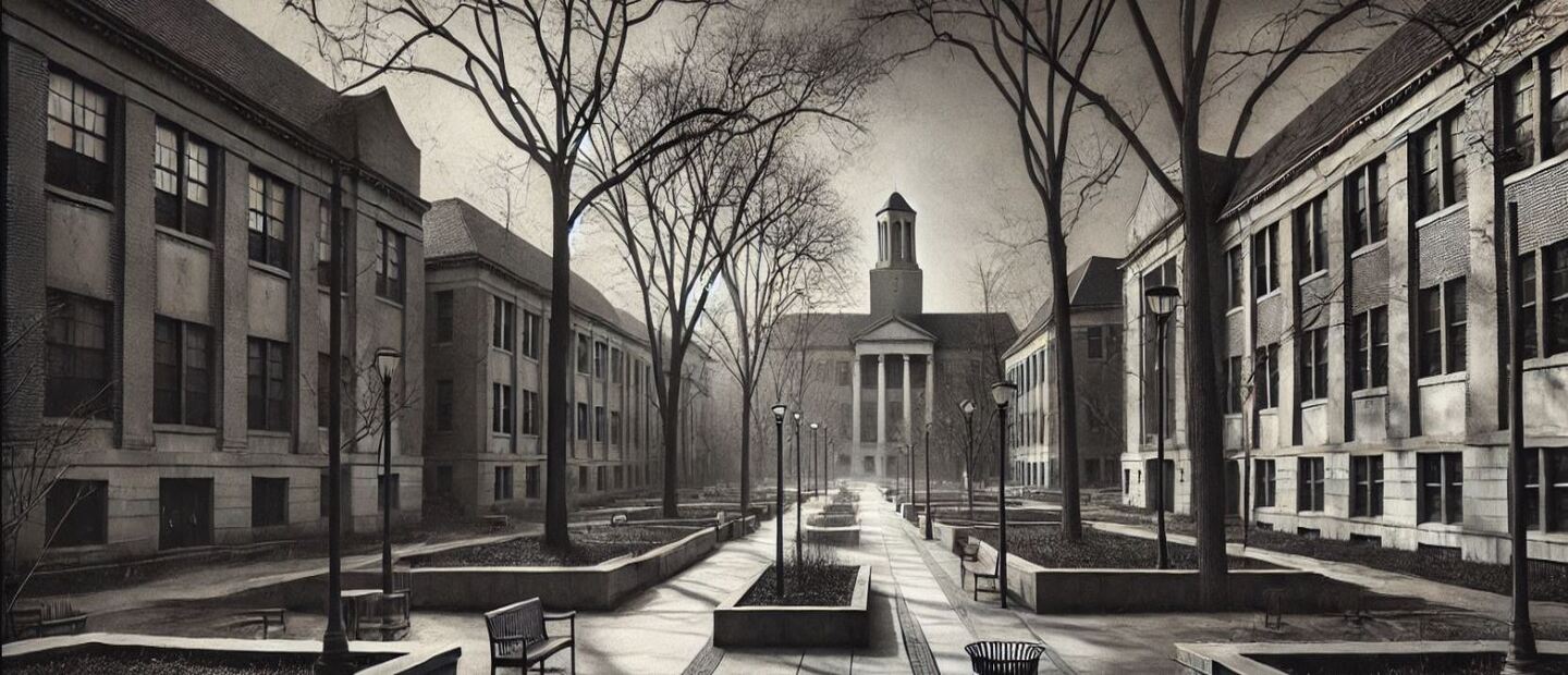 black and white picture of a college campus buildings