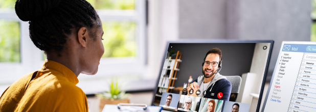 woman conducting an online interview with a man