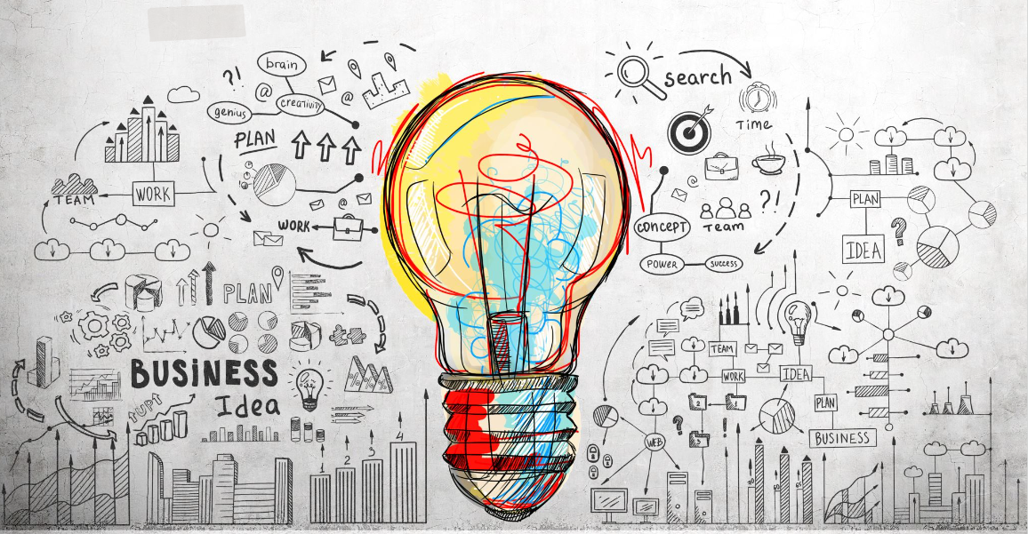 A light bulb with a background of various business icons, symbolizing creativity