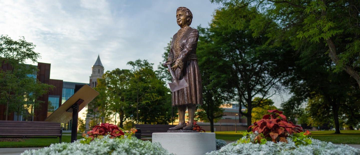 Consumer Information A statue of Matilda Dodge Wilson on Oakland University's campus