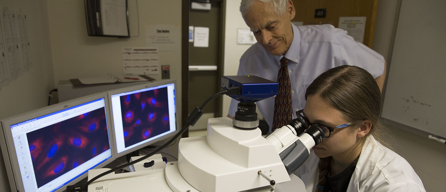 About the ERI professor standing over a student looking in a microscope with two computer