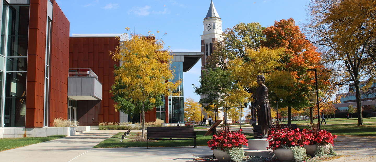 Oakland University campus in fall Oakland University campus in fall, with the Elliott Tower and a statue of Matilda Dodge Wilson.