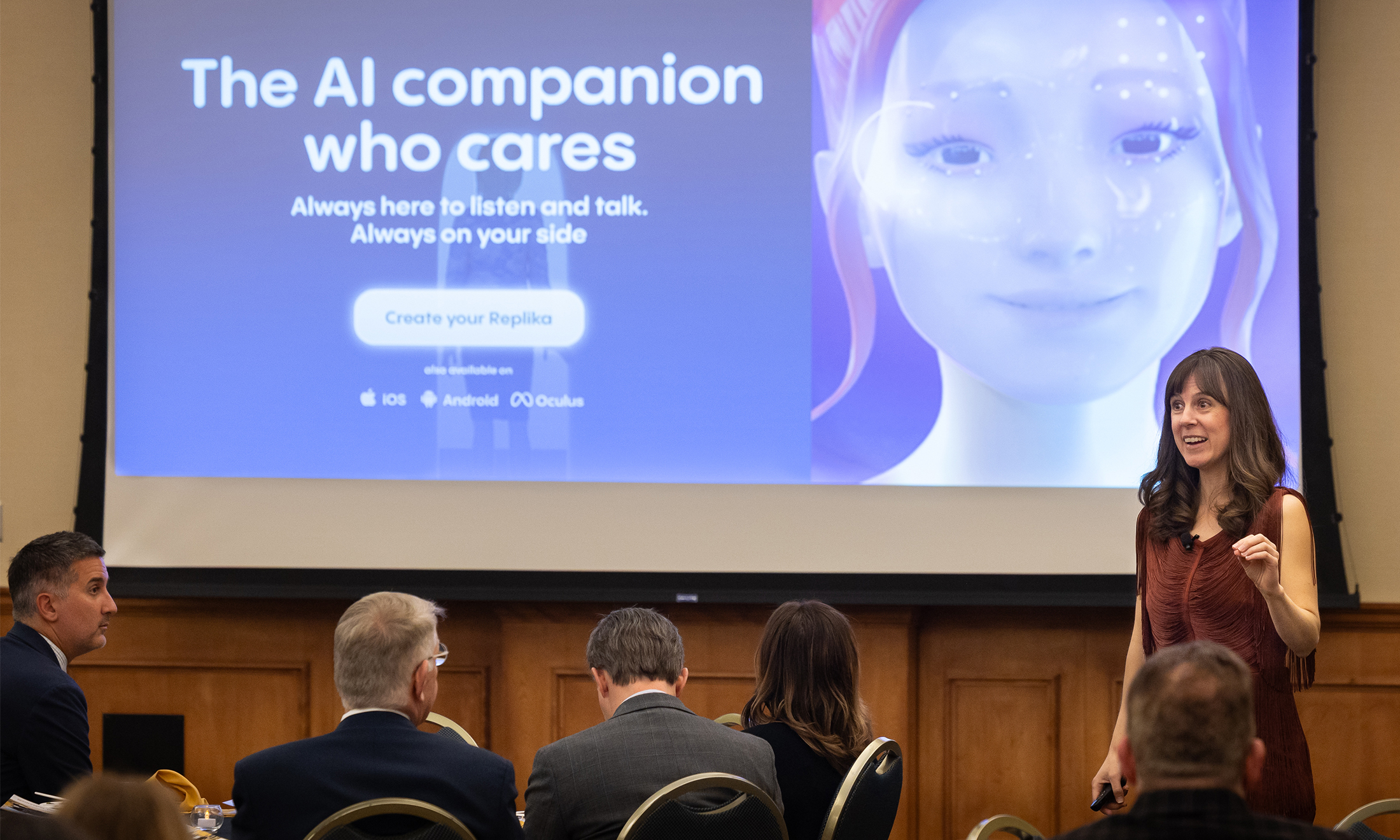 Rachel Wood speaks to the audience