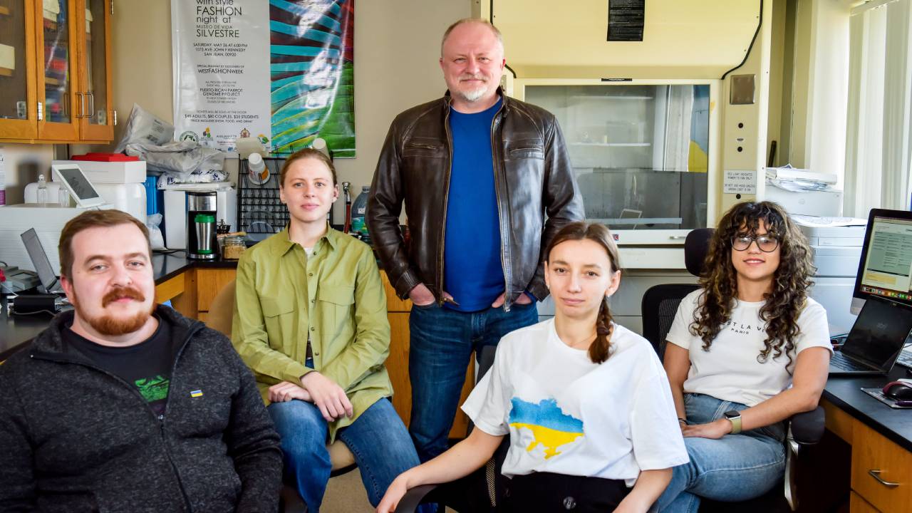 Researchers Walter Wolfsberger (postdoctoral fellow), Zlata Bilanyn (exchange student), Taras Oleksyk (associate professor of biological sciences), Maria Varyvoda (volunteer) and Stephanie Castro-Marquez (graduate student).