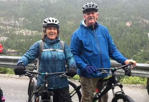 An image of two people each on a bicycle