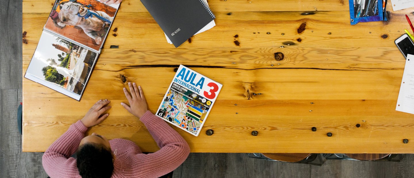 POL-23270_SubBanners_OtherAreasStudy.jpg An aerial photo of a woman seated at a wooden table with books and notebooks in front of her.