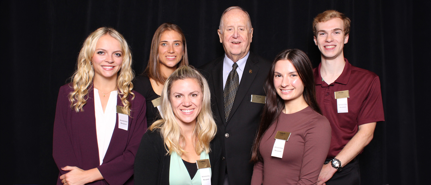 Pawley Lean Scholarship Banner Group photo of Dennis Pawley and 5 scholarship recipients