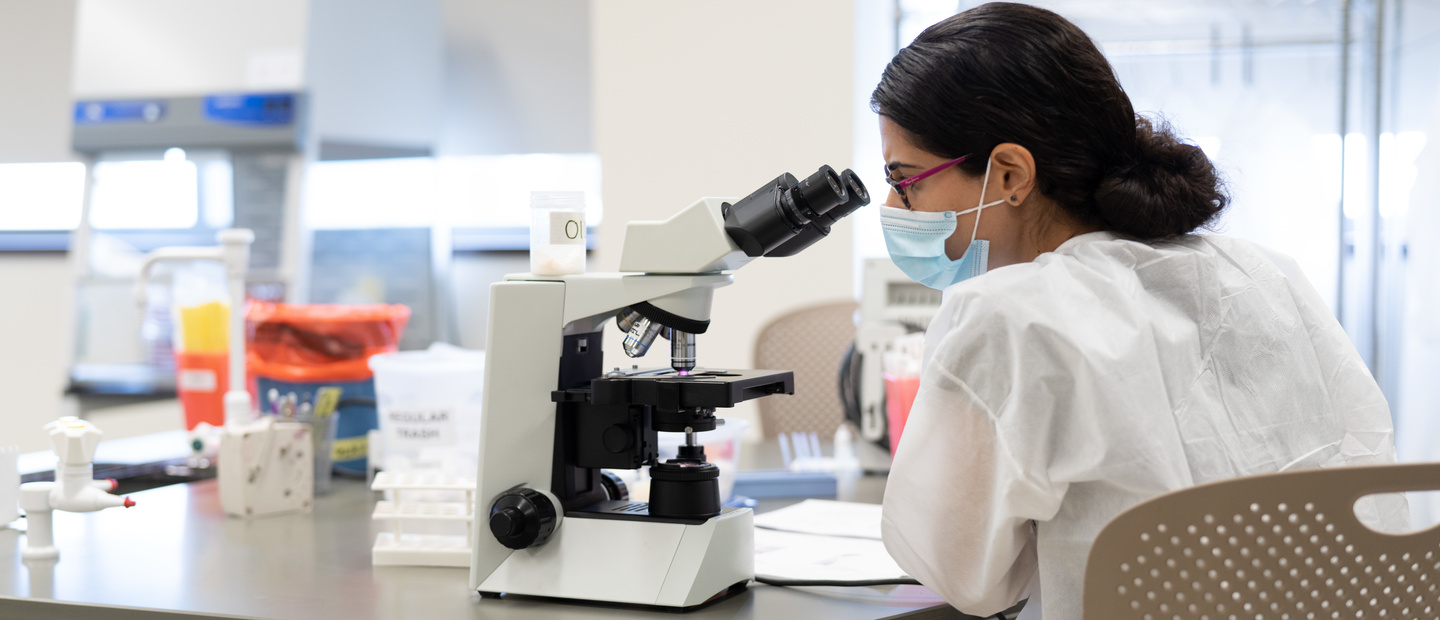 woman in lab A woman in a lab looking into a microscope.