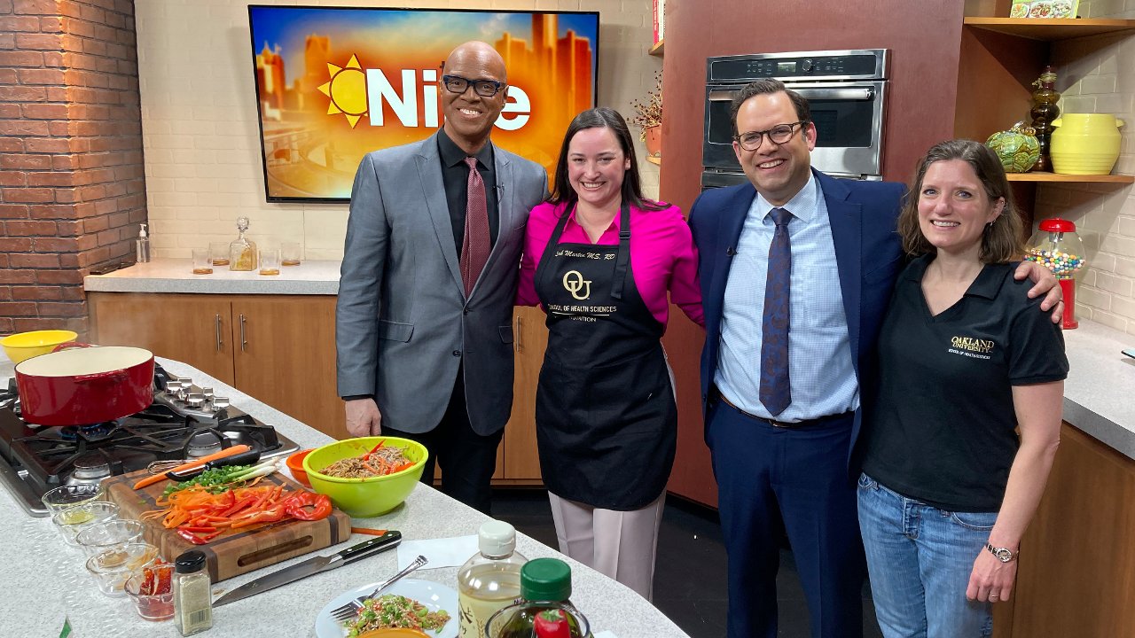 Sarah Martin, Special Instructor of Nutrition at Oakland University's School of Health Sciences, cooking on Fox 2 News.
