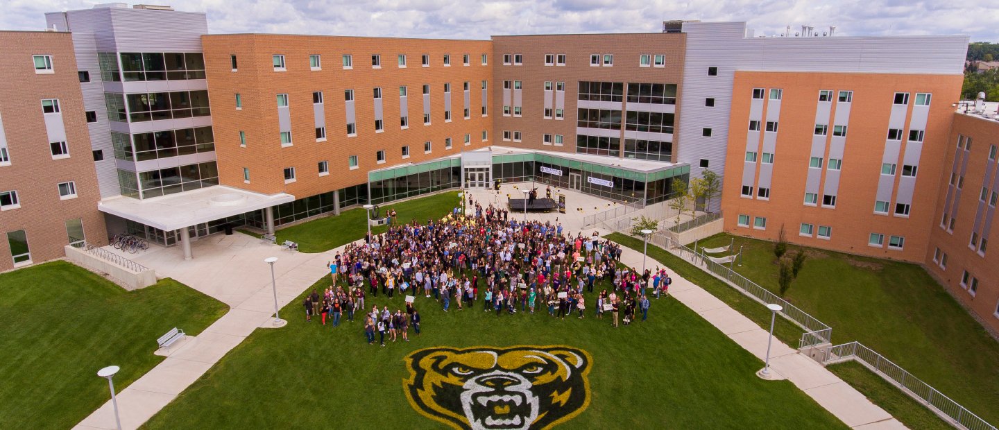 Banner - About the Honors College Aerial shot of large group of HC students stand on O U campus with large Grizz mascot painted on the ground
